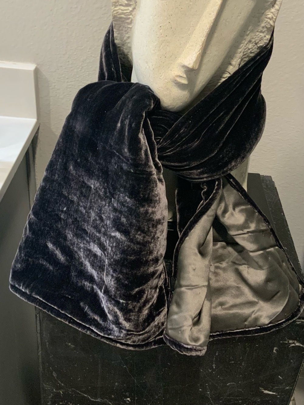 Nick & Nora Vintage Deep Chocolate Brown Velvet Scarf reversal to Satin Lining.